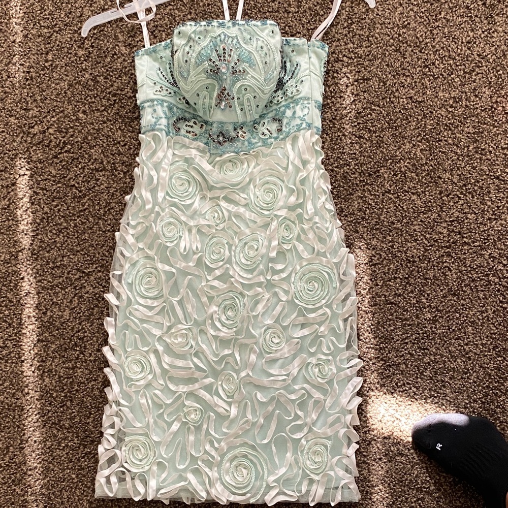 Sue Wong Strapless Dress in Mint with Floral Accents